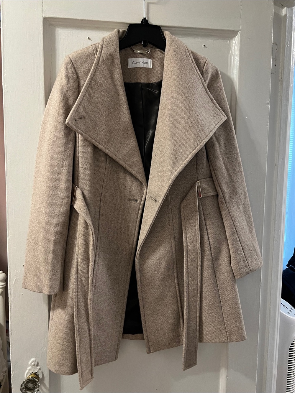 Calvin Klein Taupe Wool-Blend Belted Pea Coat